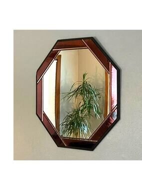 Signed Marcia Moore Stained Glass Mirror Octagonal Burgundy Art Deco Revival